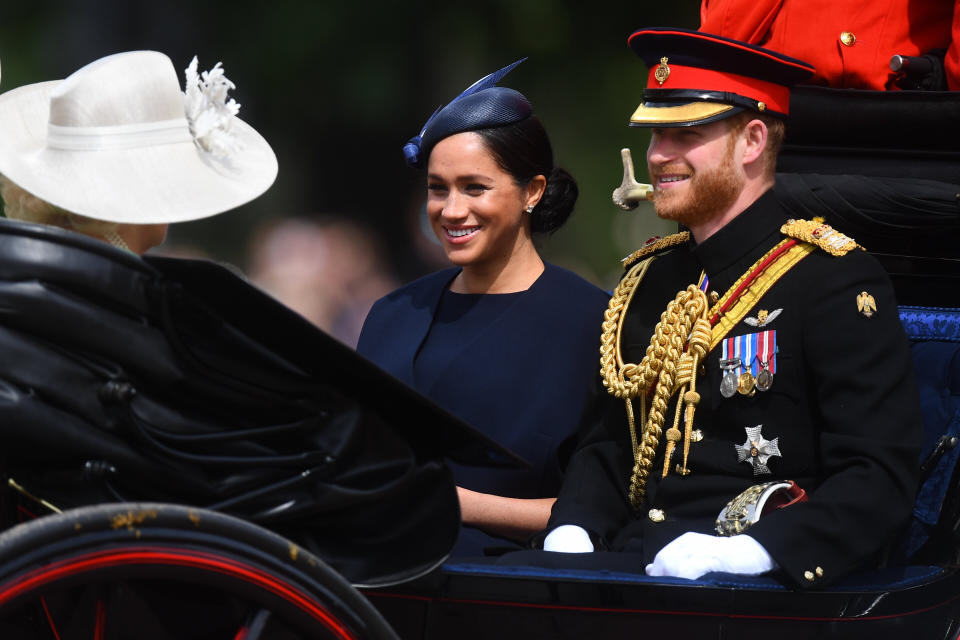 The Duke and Duchess of Sussex make their way along The Mall to Horse Guards Parade, in London, ahead of the Trooping the Colour ceremony, as The Queen celebrates her official birthday.
