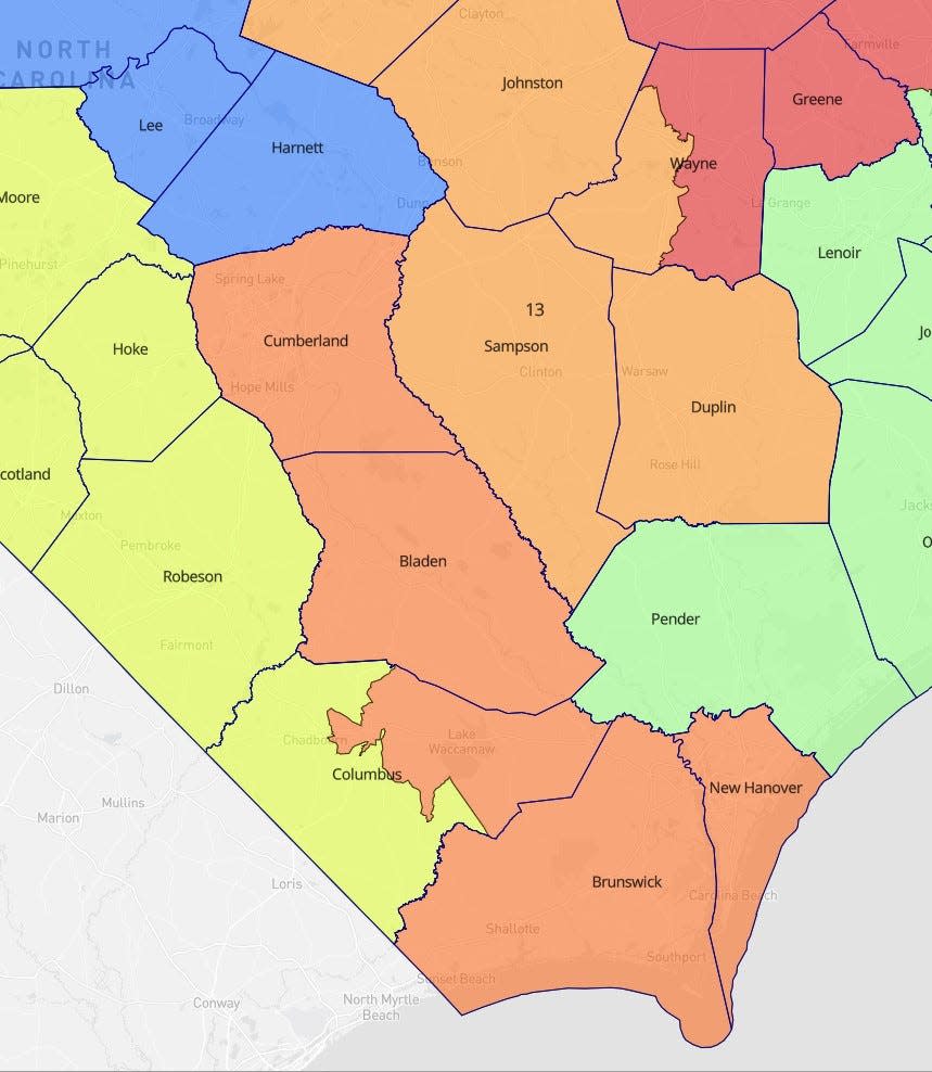 Under the newly enacted Congressional districts, the Fayetteville-Fort Bragg community of Cumberland, Harnett, Moore and Hoke counties is split into three districts. Fayetteville in Cumberland County is put into a district with Wilmington in coastal New Hanover County.