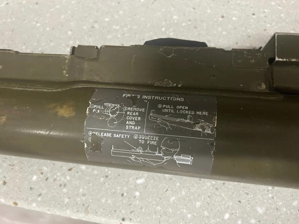 This photo provided by Sutton Police Department shows a U.S. Army rocket launcher found in a vehicle by Sutton Police on Wednesday, Feb. 21, 2024 in Sutton, Mass. Det. Alex Sinni said he was unnerved to find a U.S. Army rocket launcher when searching a suspicious truck for drugs. (Sutton Police Department via AP)