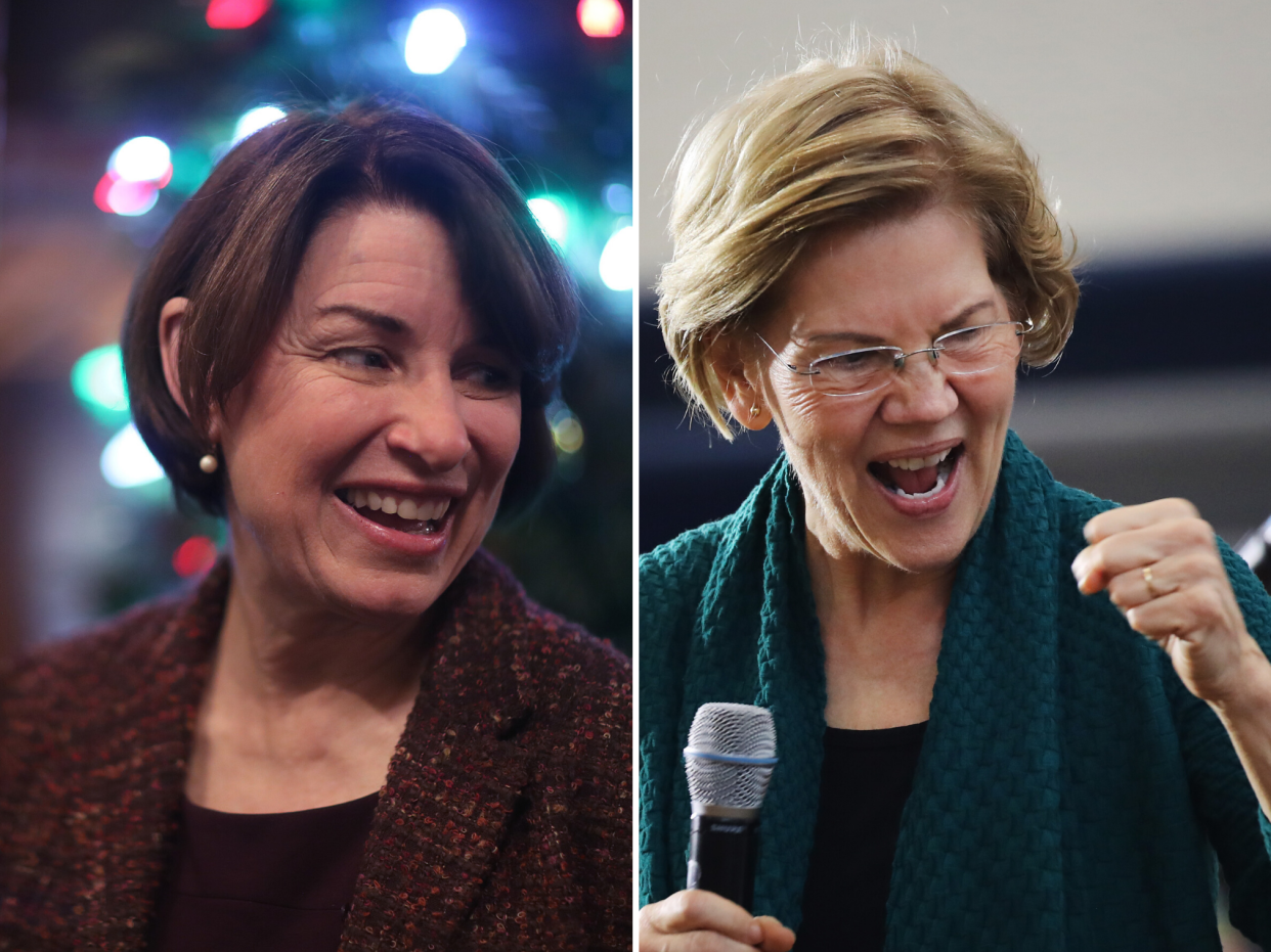 The New York Times has endorsed both Elizabeth Warren (R) and Amy Klobuchar (L) for president: Joe Raedle/Spencer Platt/Getty