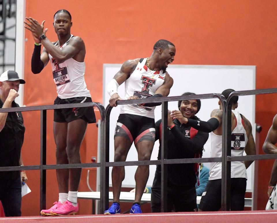 Texas Tech's Antoine Andrews, left, and Don'Dre Swint, second from left, celebrate after the Red Raiders six of the eight spots in the finals of the 60 meters at the Big 12 indoor track and field championships. Friday was day one of the two-day meet at the Sports Performance Center.