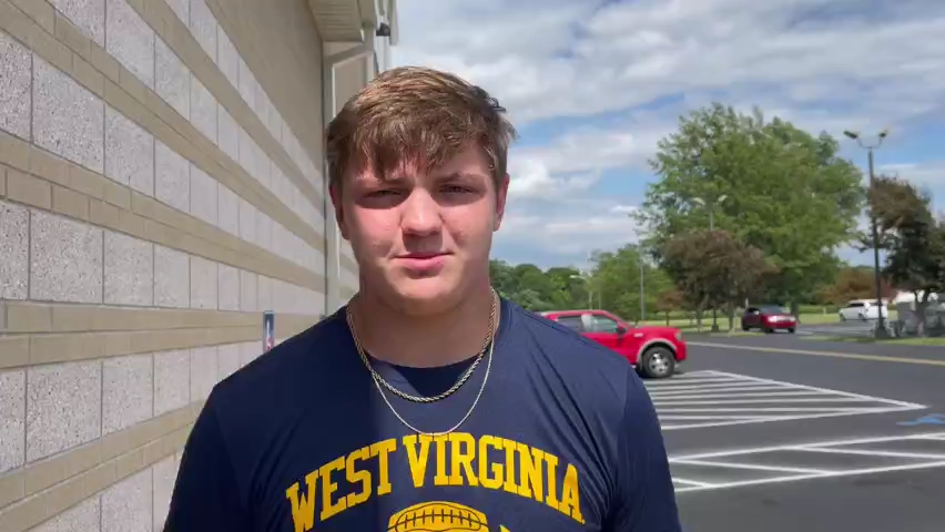 This is a screengrab from video of Harbor Creek High School offensive lineman Nick Krahe, who verbally committed to West Virginia, on Aug. 1, 2022, after fielding dozens of Division I offers.