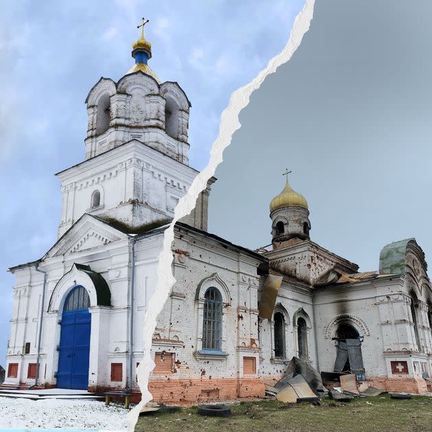 Ascension Church in Lukashivka in the Chernihiv region of Ukraine. (Photo: Before: Wikimedia Commons; After: Nataliya Gumenyuk / Ukrainian Institute)