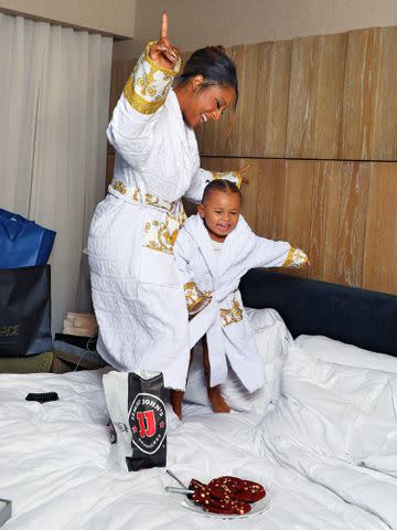 <p> Sara Jaye/Getty Images for Jimmy John's </p> Victoria Monét and her daughter Hazel celebrate ahead of the 2024 Grammy Awards