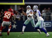 Nov 5, 2017; Arlington, TX, USA; Dallas Cowboys quarterback Dak Prescott (4) throws to wide receiver Terrance Williams (83) during the second half against the Kansas City Chiefs at AT&T Stadium. Kevin Jairaj-USA TODAY Sports