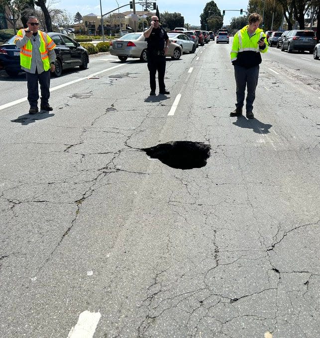 A sinkhole on southbound Victoria Avenue closed traffic lanes south of Ralston Road in Ventura Friday afternoon.