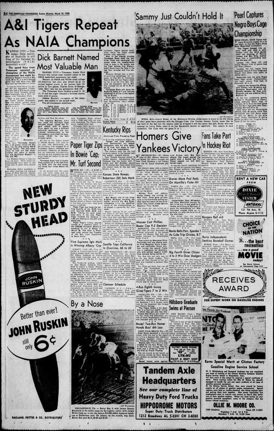 Championship coverage of Dick Barnett and Tennessee State men's basketball in the March 16, 1958, edition of The Tennessean.