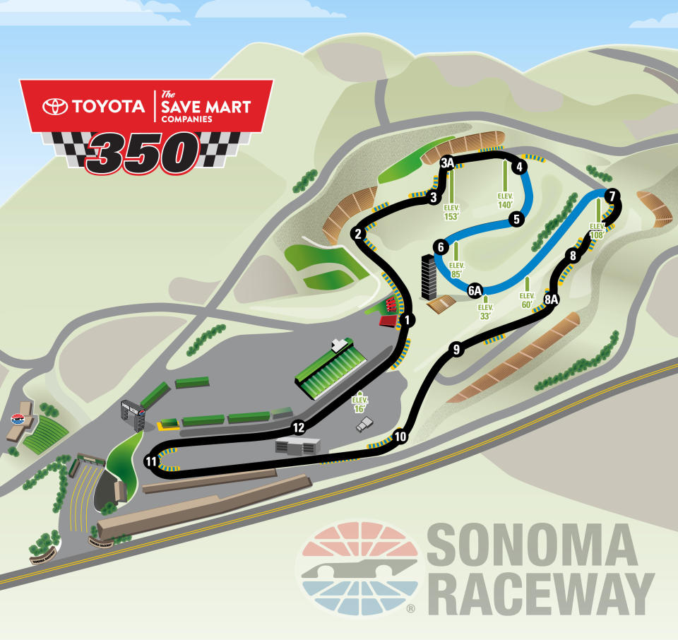With the addition of the blue section, the Cup Series race at Sonoma will be eight miles longer but 20 laps shorter in 2019. (Via Sonoma Raceway)