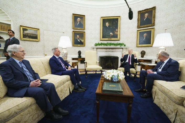 Sen. Mitch McConnell, Rep., Kevin McCarthy and Sen. Chuck Schumer speak with President Joe Biden in the Oval Office (Evan Vucci / AP)