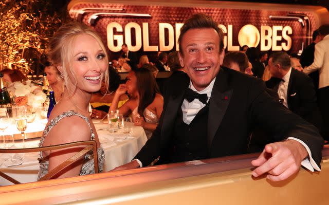 <p>Christopher Polk/Golden Globes 2024/Golden Globes 2024 via Getty</p> Kayla Radomski and Jason Segel at the 81st annual Golden Globe Awards held at the Beverly Hilton Hotel on Jan. 7 in Beverly Hills, California