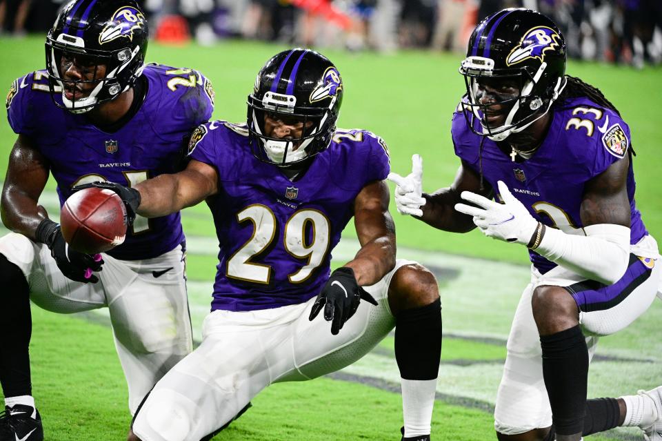 Ravens cornerback Shaun Wade, center, celebrates his interception against the New Orleans Saints during a preseason game in August in Baltimore.