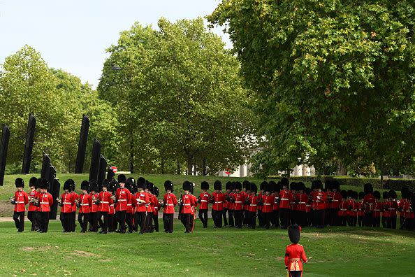 LONDON, ENGLAND - SEPTEMBER 19: Coldstream Guards are seen during the State Funeral of Queen Elizabeth II on September 19, 2022 in London, England. Elizabeth Alexandra Mary Windsor was born in Bruton Street, Mayfair, London on 21 April 1926. She married Prince Philip in 1947 and ascended the throne of the United Kingdom and Commonwealth on 6 February 1952 after the death of her Father, King George VI. Queen Elizabeth II died at Balmoral Castle in Scotland on September 8, 2022, and is succeeded by her eldest son, King Charles III.  (Photo by David Ramos/Getty Images)