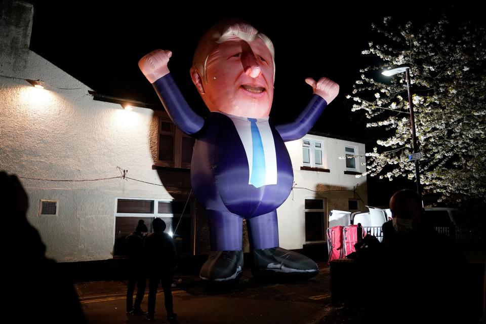 A 30ft inflatable Boris Johnson erected outside Mill House Leisure Centre in Hartlepool, where votes are being countedPA