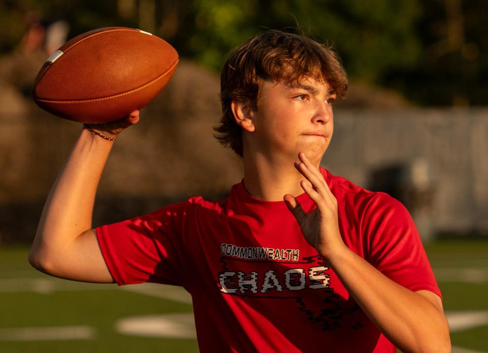 Johnny Bordes a freshman quarterback at Groton-Dunstable, throws during a drill at the M2 QB Academy.