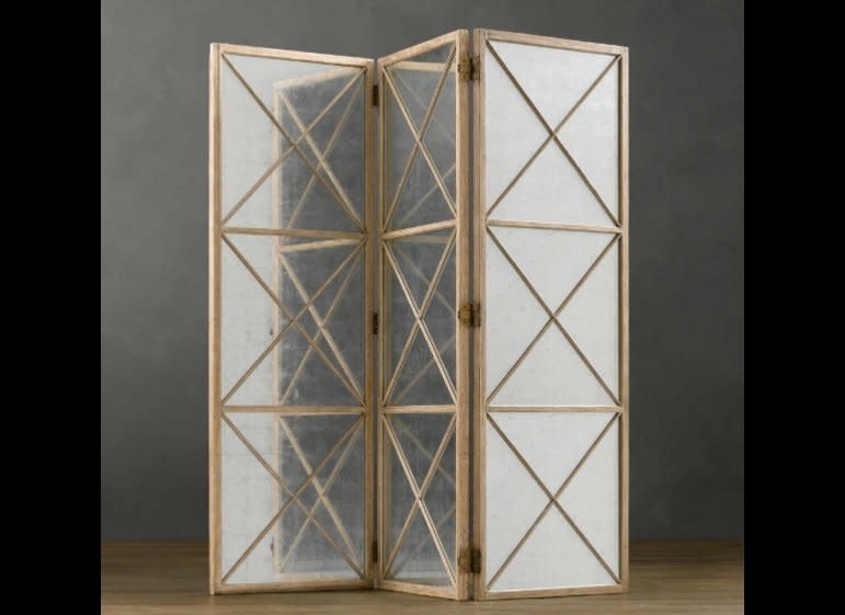 Weathered oak screen with mirror, $1,195, by <a href="http://www.restorationhardware.com/catalog/product/product.jsp?productId=prod690175&categoryId=cat1680012" target="_hplink">Restoration Hardware</a>.