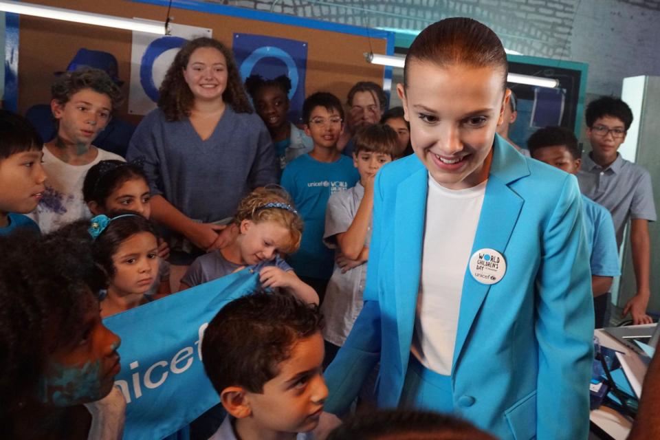 Millie Bobby Brown on the set of a video produced for World Children's Day 2018: Giles Clarke/UNICEF/PA Wire