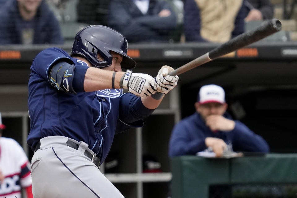 Tampa Bay Rays' Luke Raley hits a solo home run during the fourth inning of a baseball game against the Chicago White Sox in Chicago, Sunday, April 30, 2023. (AP Photo/Nam Y. Huh)