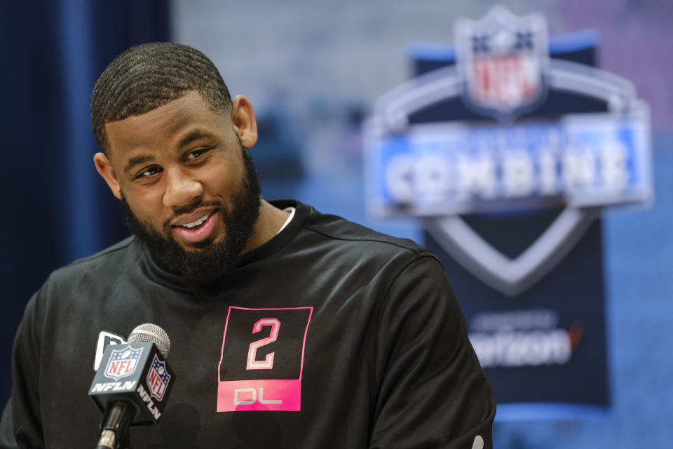 FILE - In this Feb. 27, 2020, file photo, TCU defensive lineman Ross Blacklock speaks during a press conference at the NFL football scouting combine in Indianapolis. Blacklock is a possible pick in the NFL Draft which runs Thursday, April 23, 2020, thru Saturday, April 25. (AP Photo/AJ Mast, Fle)