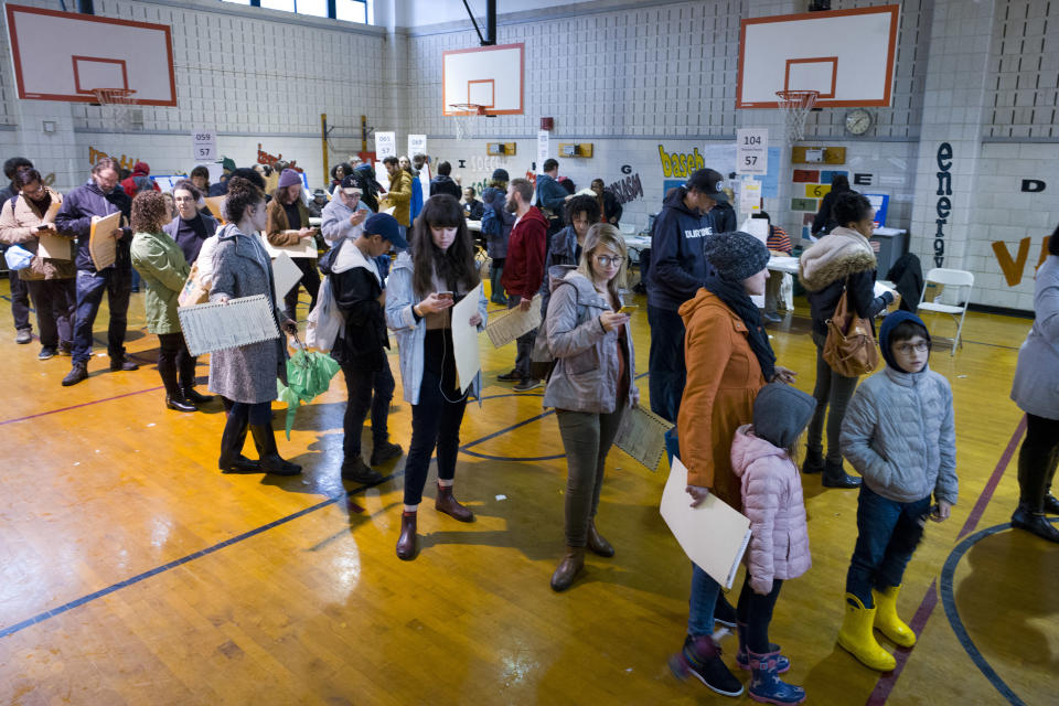 Voters stand in line to cast their ballots at P.S. 22, Tuesday, Nov. 6, 2018, in the Prospect Heights neighborhood in the Brooklyn borough of New York. Earlier in the day four vote scanning machines reportedly broke down at this location. (AP Photo/Mark Lennihan)
