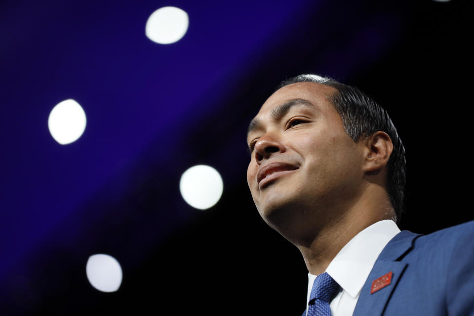 Democratic presidential candidate former U.S. Secretary of Housing and Urban Development Julian Castro speaks at the Presidential Gun Sense Forum, Saturday, Aug. 10, 2019, in Des Moines, Iowa. (AP Photo/Charlie Neibergall)