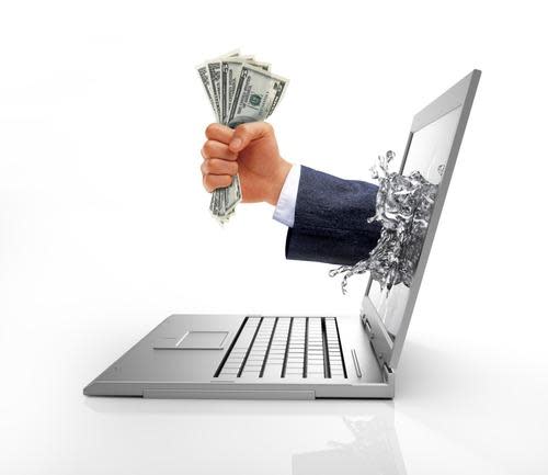 Illustration of a hand grasping several bills coming out a laptop screen