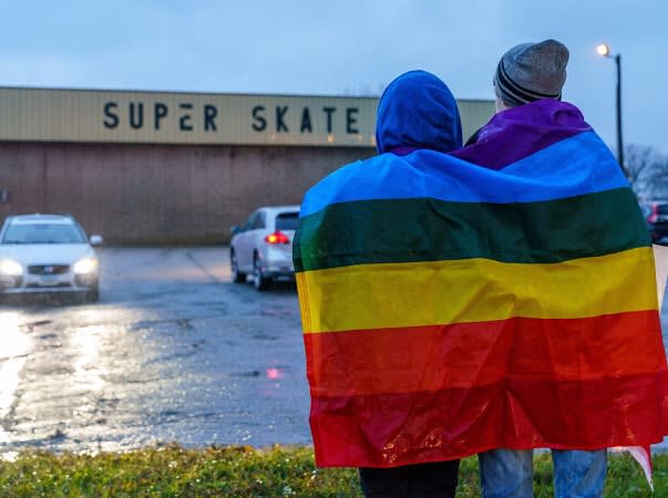 Two trans boys were kicked out of an ice skating rink during a “boys only” skate. The community responds with protests. (Photo: Protest attendees/organizers)