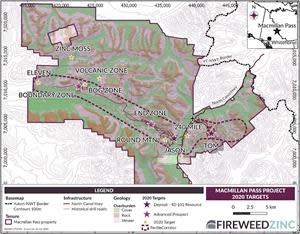 Map 1 – Macmillan Pass Project: Locations of the 2020 exploration targets, advanced prospects, and known deposits.