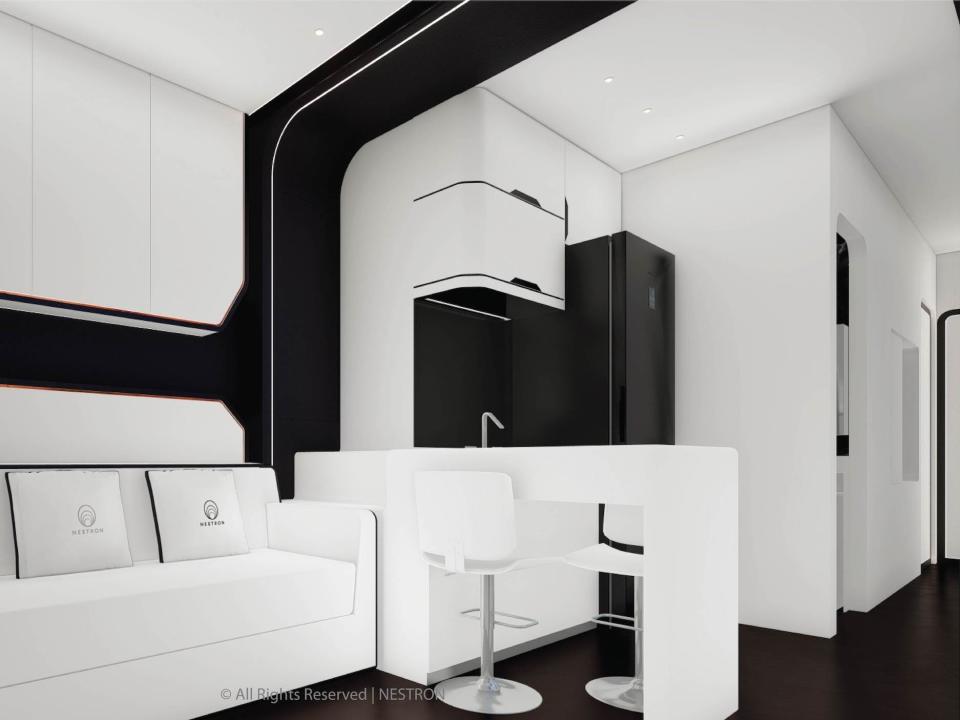 a rendering of the two-bedroom Cube Two X's living room and kitchen