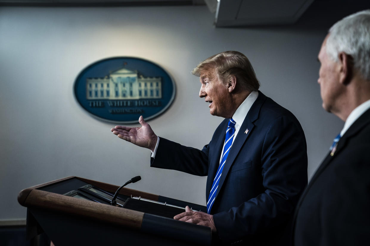 WASHINGTON, DC - APRIL 23 : President Donald J. Trump speaks with Vice President Mike Pence and members of the coronavirus task force during a briefing in response to the COVID-19 coronavirus pandemic in the James S. Brady Press Briefing Room at the White House on Thursday, April 23, 2020 in Washington, DC. (Photo by Jabin Botsford/The Washington Post via Getty Images)