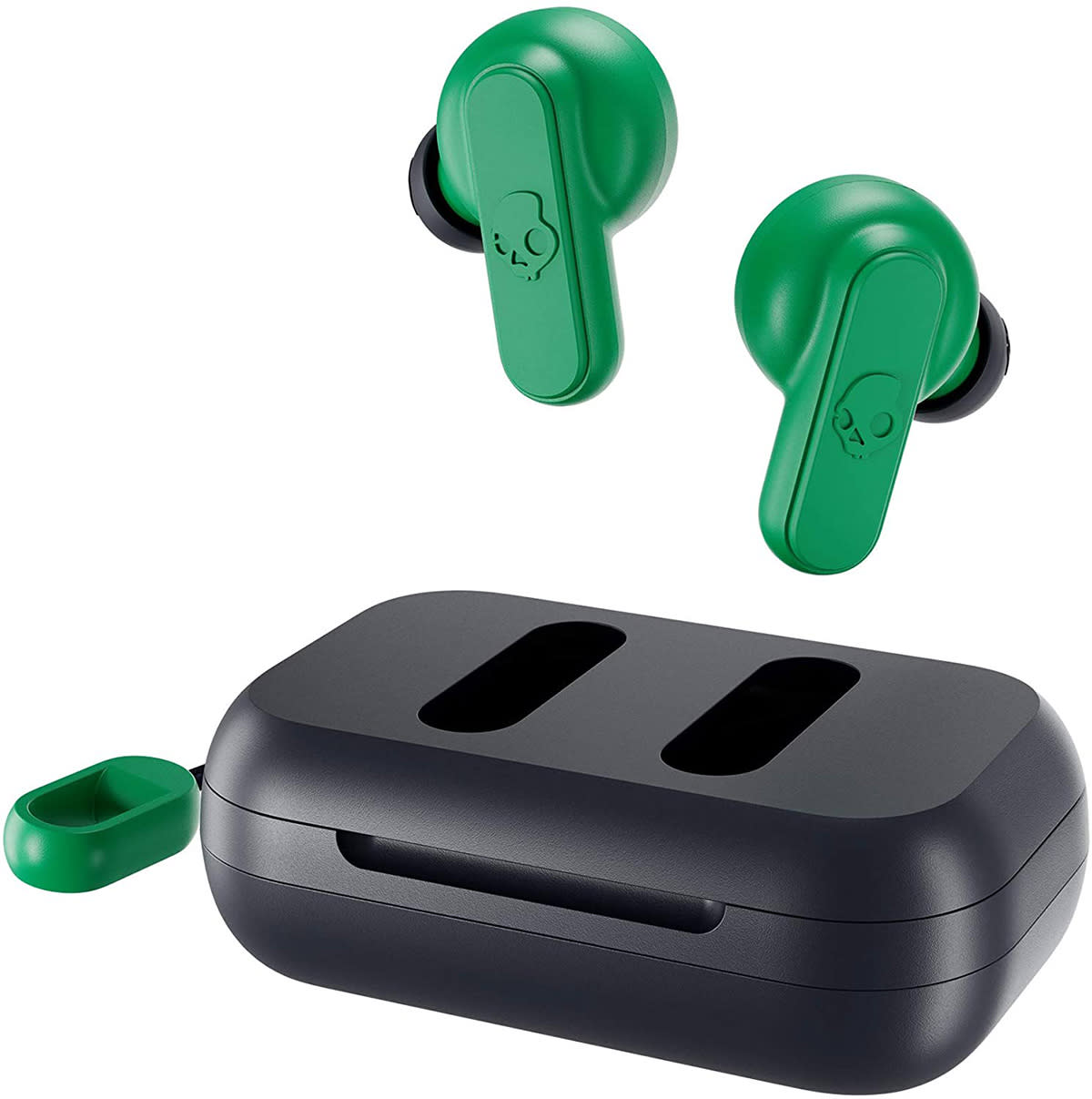 Skullcandy Dime wireless earbuds in green with black charging case. 