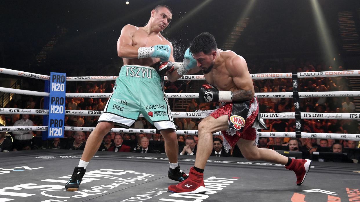  Tim Tszyu connects with a punch against Brian Mendoza during the WBO super-welterweight world title bout between Tim Tszyu and Brian Mendoza at Gold Coast Convention and Exhibition Centre on October 15, 2023 in Gold Coast, Australia. 