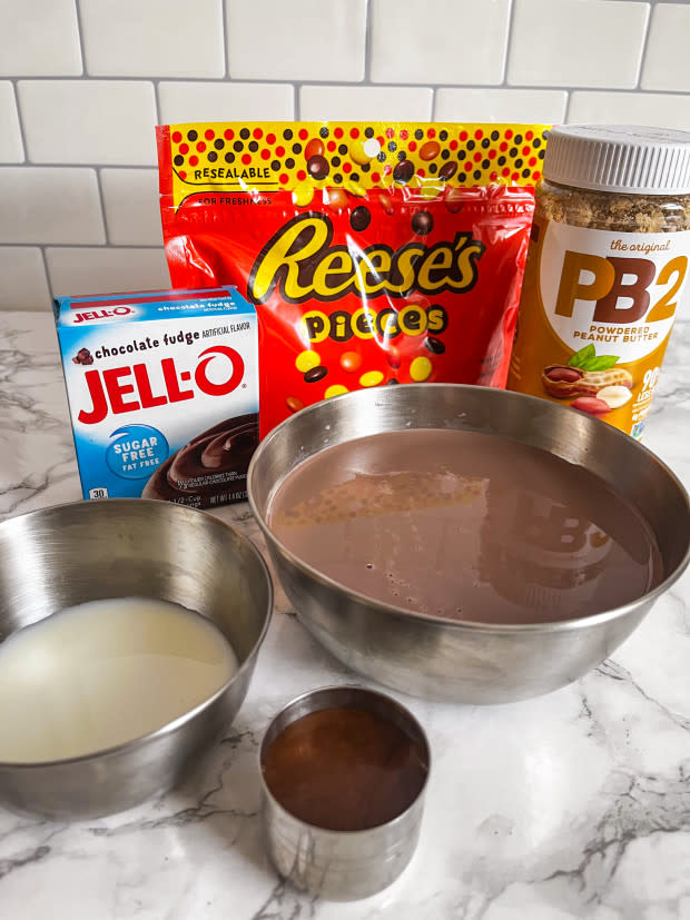 Ingredients for high-protein peanut butter cup ice cream<p>Courtesy of Jessica Wrubel</p>