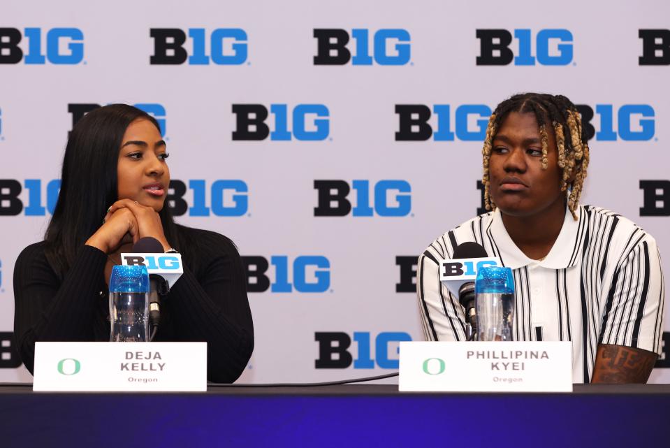 Oregon guard Deja Kelly and Oregon center Phillipina Kyei take a question at the podium during the 2024 Big Ten Women’s Basketball media day at Donald E. Stephens Convention Center on Oct. 2 Rosemont, Illinois.