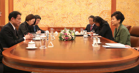 Japan's Foreign Minister Fumio Kishida (front L) talks with South Korea's President Park Geun-hye (front R) during a meeting at the Presidential Blue House in Seoul, South Korea, December 28, 2015. REUTERS/Baek Seung-ryol/Yonhap