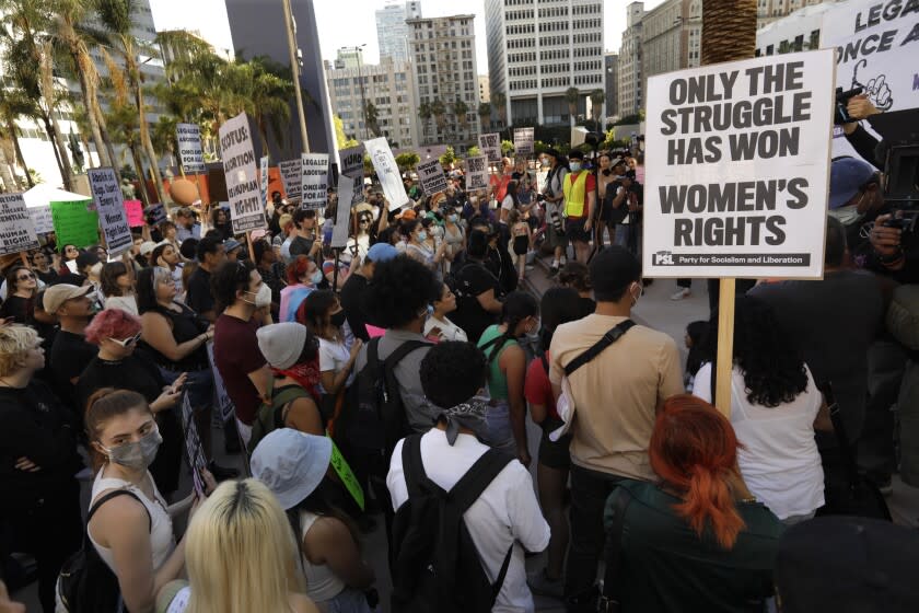 LOS ANGELES, CA - JUNE 24, 2022 - - Hundreds of activists protest over the Supreme Court's conservative majority decision to overturn Roe v. Wade and ending constitutional protections for abortion that had been in place nearly 50 years in Pershing Square in Los Angeles on June 24, 2022. mnn:UC} 24: in Los Angeles on Friday, June 24, 2022 in Los Angeles, CA. (Genaro Molina / Los Angeles Times)