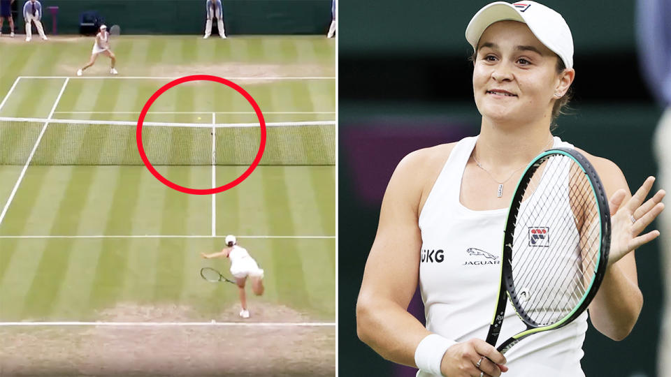 Ash Barty, pictured here sealing her place in the Wimbledon semi-finals with an ace.