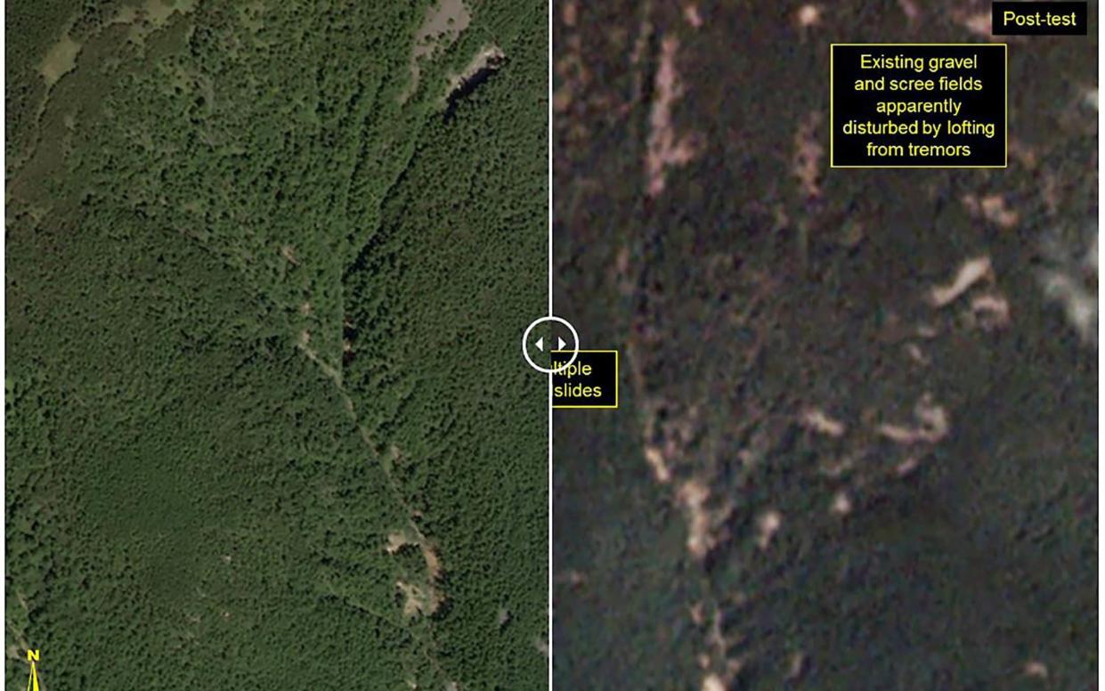 These before-and-after images show a closer view of the Punggye-ri nuclear test site in North Korea - AFP