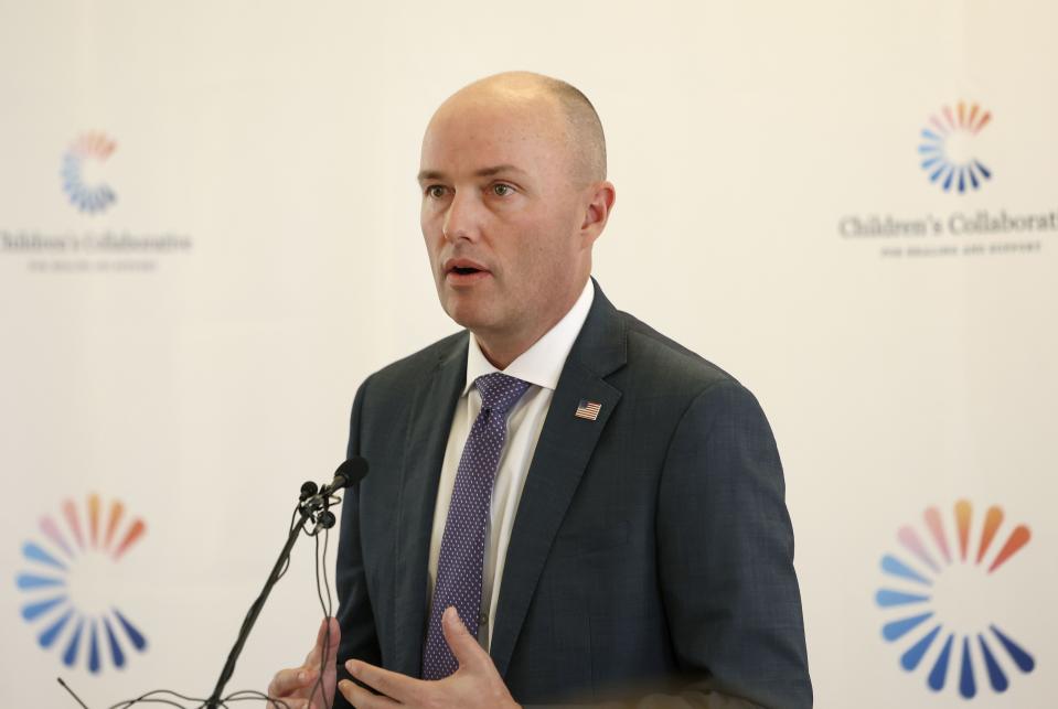 Gov. Spencer Cox speaks at the announcement of a new initiative that supports grieving children and boosts access to services at the Gardner Policy Institute in Salt Lake City on Thursday, May 25, 2023. | Laura Seitz, Deseret News