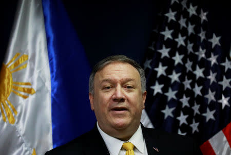 U.S. Secretary of State Mike Pompeo speaks to the media at the Department of Foreign Affairs in Pasay City, Metro Manila, Philippines, March 1, 2019. REUTERS/Eloisa Lopez