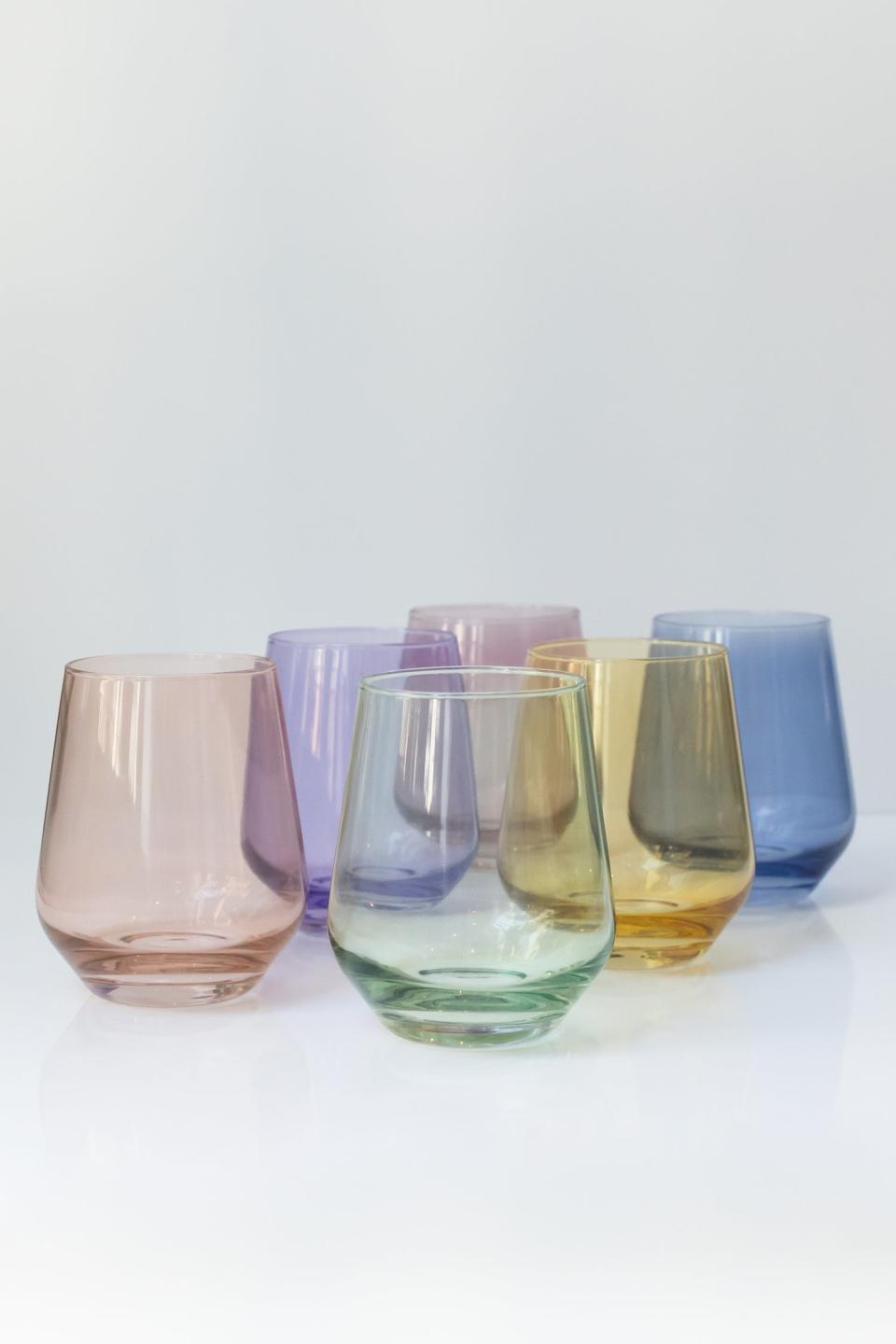 <p><a href="https://estellecoloredglass.com/collections/glassware/products/estelle-colored-wine-stemless-set-of-6-pastel-mixed-set" rel="nofollow noopener" target="_blank" data-ylk="slk:Shop Now;elm:context_link;itc:0;sec:content-canvas" class="link ">Shop Now</a></p><p>Estelle Colored Glass</p><p>estellecoloredglass.com</p><p>$170.00</p>