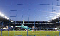 Portland Timbers goalkeeper Aljaž Ivačič (31) can not make a diving stop on a goal by San Jose Earthquakes midfielder Jamiro Monteiro during the first half of an MLS soccer match in San Jose, Calif., Wednesday, May 18, 2022. (AP Photo/Tony Avelar)