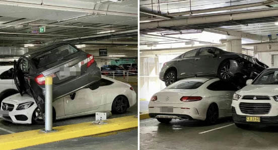 A Honda Civic on top of a squashed Mercedes in a Sydney carpark. 