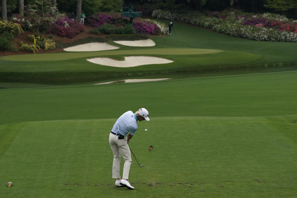 Will Zalatoris tees off on the 12th hole during the third round of the Masters golf tournament on Saturday, April 10, 2021, in Augusta, Ga. (AP Photo/Gregory Bull)