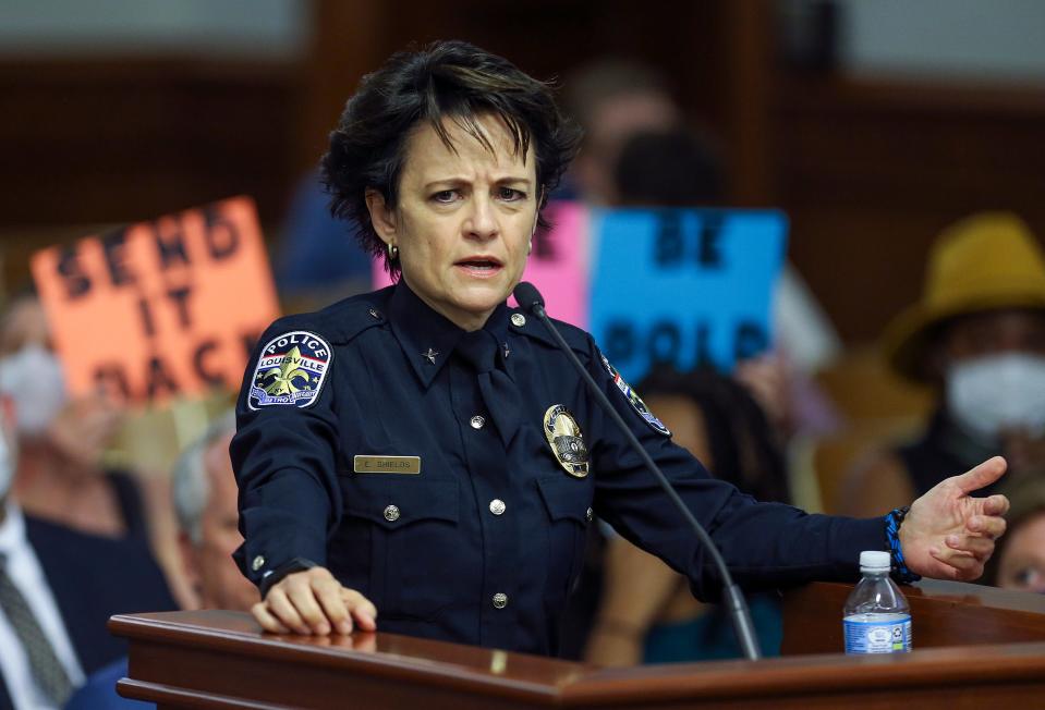 LMPD Chief Erika Shields speaks before the Louisville Metro Council in October 2021.