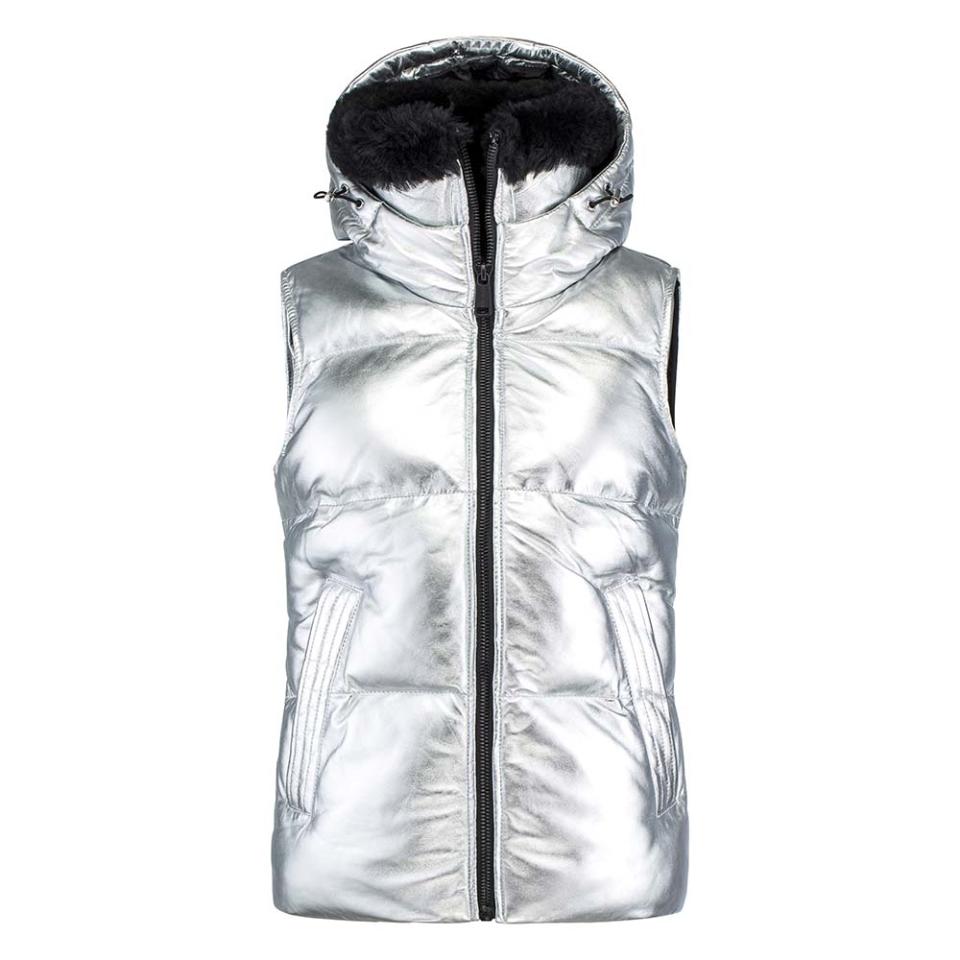 The sportswear company’s collection with ski superstar Lindsey Vonn includes the quilted, padded Legacy Leather high-collar women’s vest in reflective silver with lamb fur; $990, saksfifthavenue.com