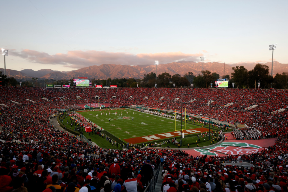 A general view of the Rose Bowl at sunset during a game between Ohio State and Utah.