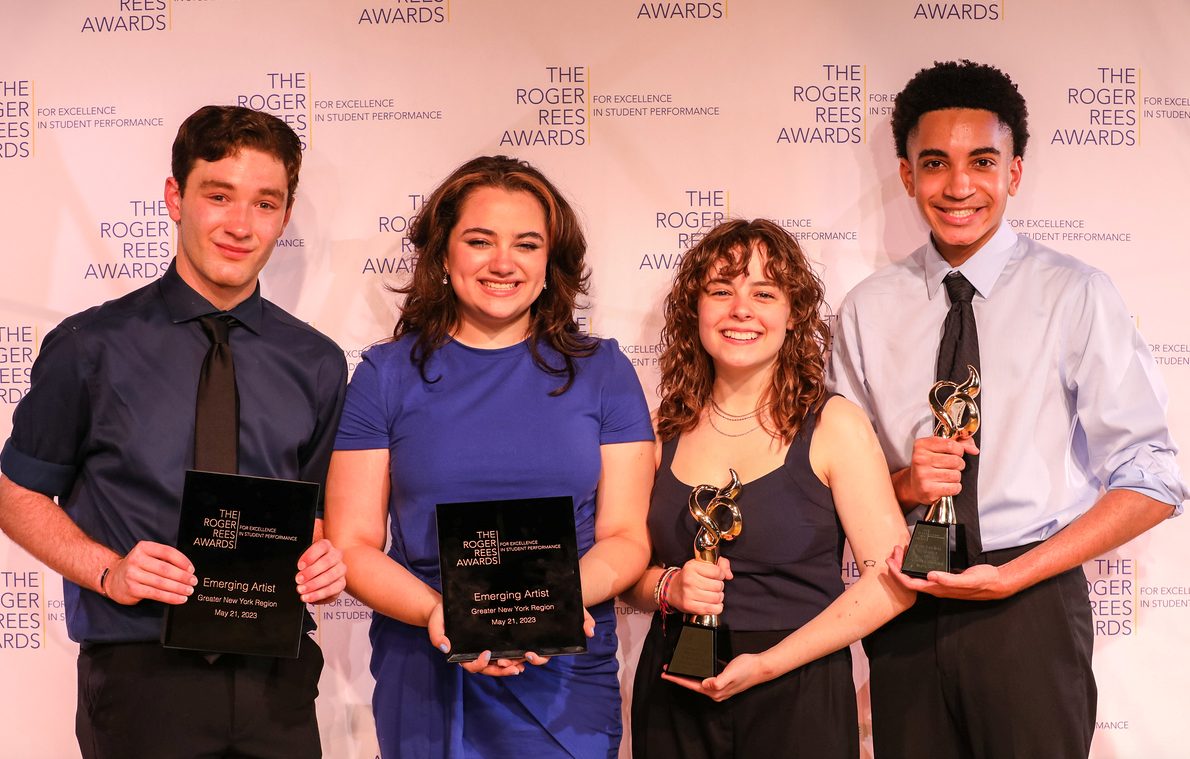 Winners at the 13th Annual Roger Rees Awards for Excellence in Student Performance are, from left: Emerging Artists Tyler Turetsky of Roslyn High School, Lauren Marchand of Jericho High School, and outstanding performers Tatum Hopkins of Nyack High School and Calvin Lindo of Archbishop Stepinac High School.
