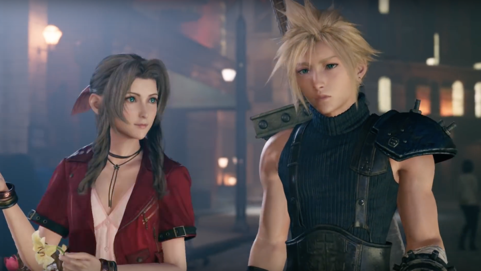 Aerith and Cloud sit together in the Final Fantasy VII remake.