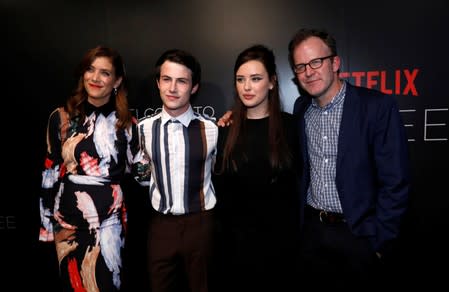 Director McCarthy poses with cast members Walsh, Minnette and Langford at a screening for the television series "13 Reasons Why" in Beverly Hills