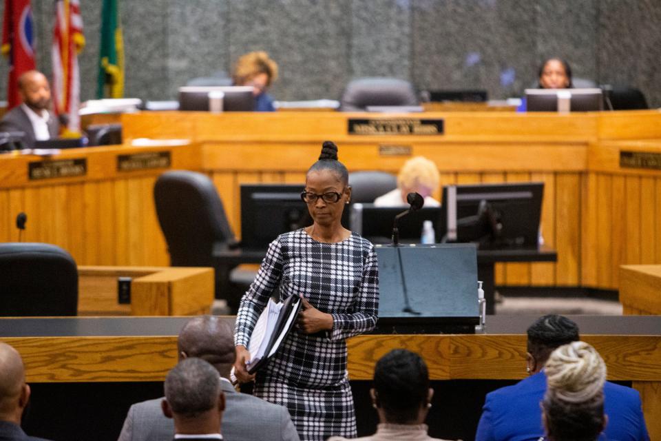 Shelby County Clerk Wanda Halbert returns to her seat after speaking during a Shelby County Board of Commissioners budget committee meeting in Downtown Memphis, on Wednesday, May 1, 2024.